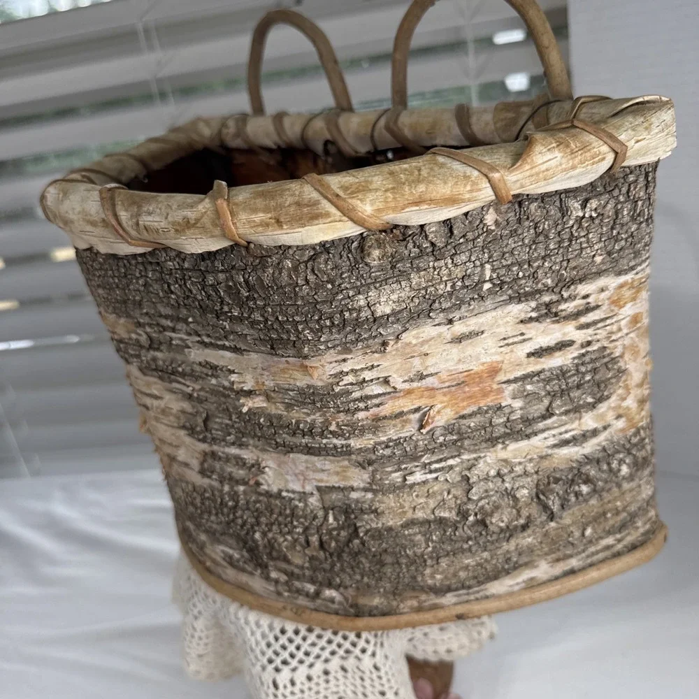Vintage Birch Bark Wall Hanging 2 Loop Basket. Handmade.